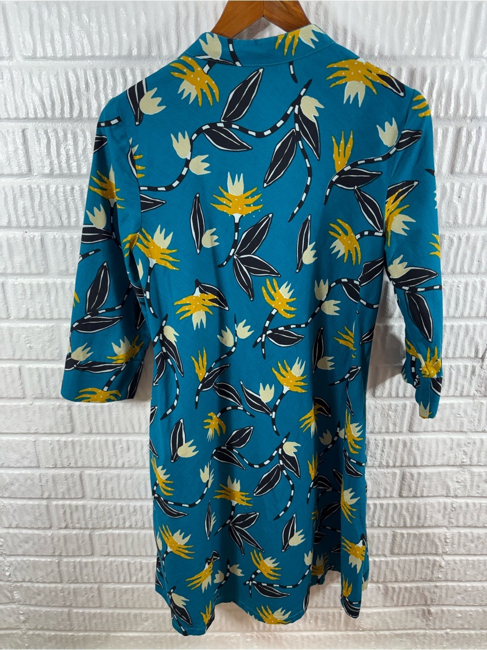 Zuri Kenya Dress Womens XS Turquoise Blue Yellow Floral Cotton Shirt Dress - Picture 4 of 5